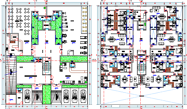 Ground and first floor layout plan of multi-family residential building dwg file