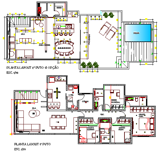 Ground and first floor layout plan of villa type bungalow dwg file