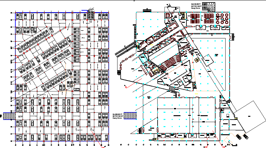 Ground and first floor plan details of convention center dwg file