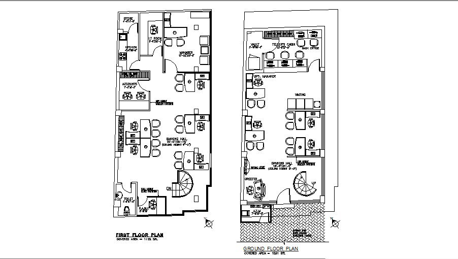 Ground and first floor plan details of office building dwg file