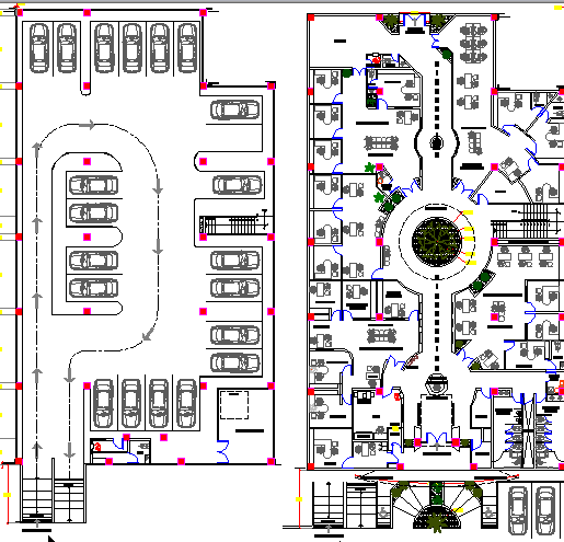 Ground and first floor plan details of office building dwg file