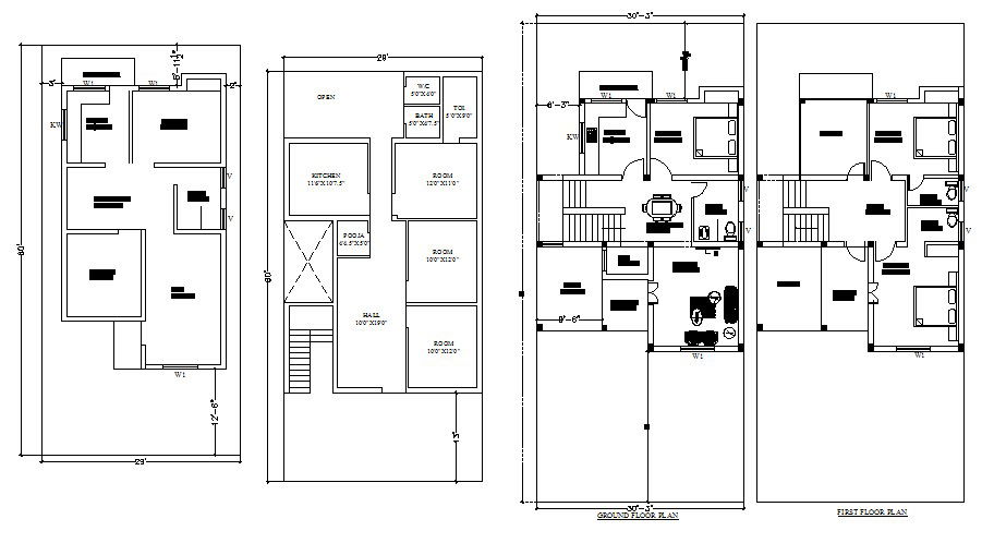 Ground and first floor plan details of one family house dwg file