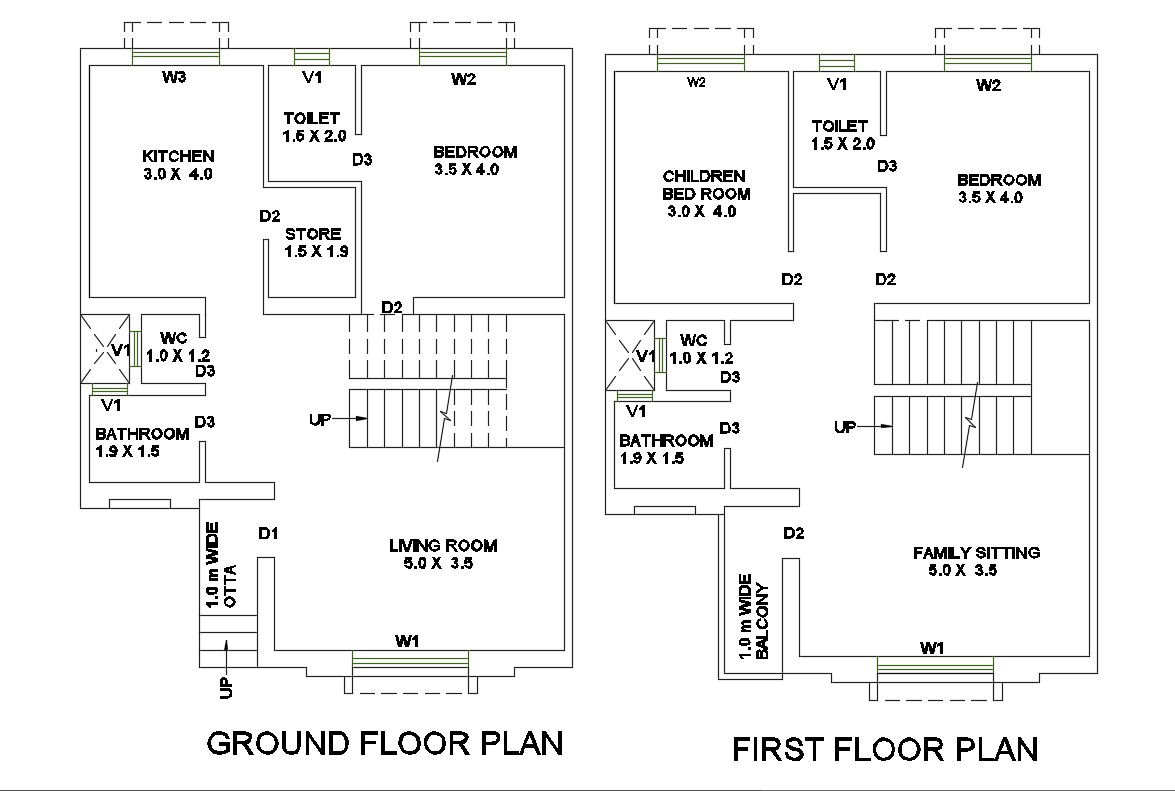 Ground and first floor plan details of one family house dwg file