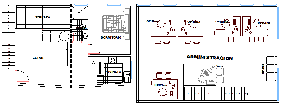 Ground and first floor plan layout of two flooring press office dwg file