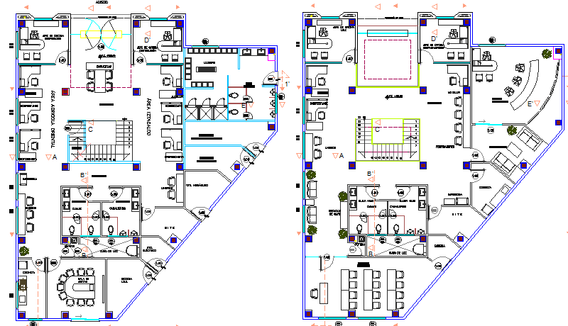Ground and first floor plan of government customer service center dwg file