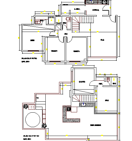 Ground and top floor layout plan of one family house dwg file