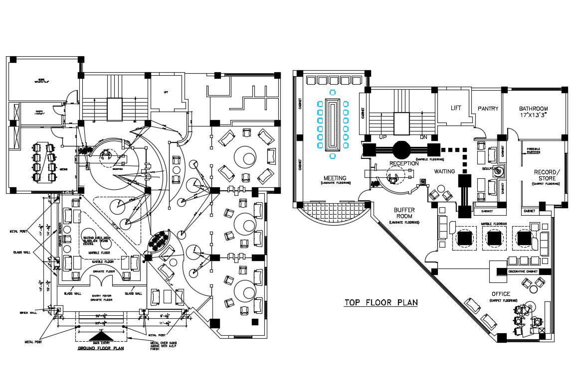Ground and top floor plan details of office building dwg file