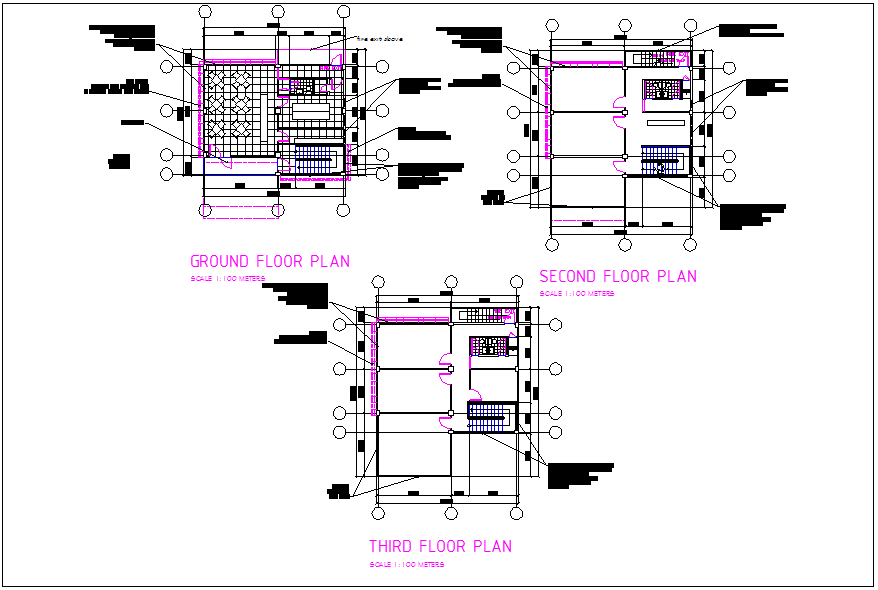 Ground floor, first floor, second floor, third floor plan view detail of concrete slab and column detail dwg file
