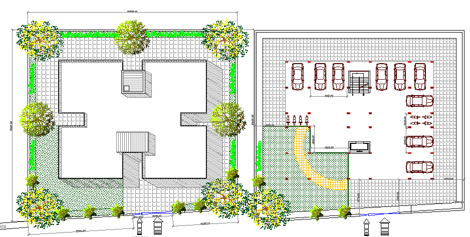 Ground floor and car parking lot details of apartment flats project dwg file