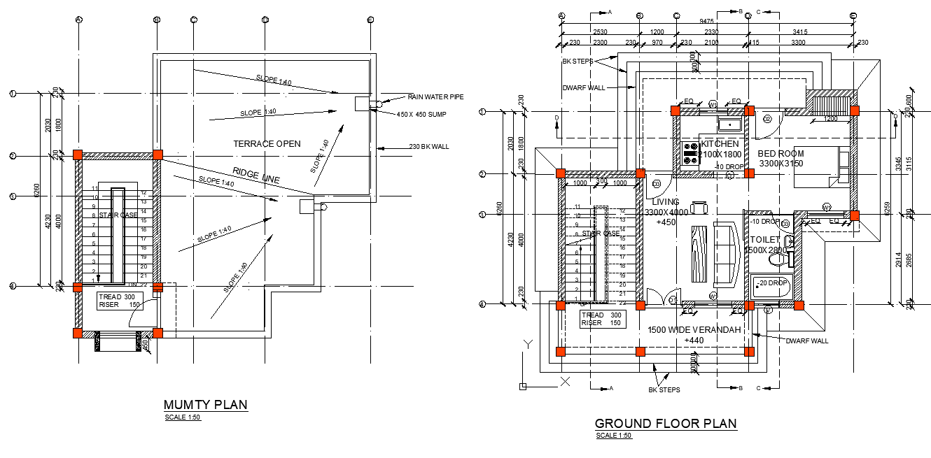 Ground floor and roof house plan detail dwg file