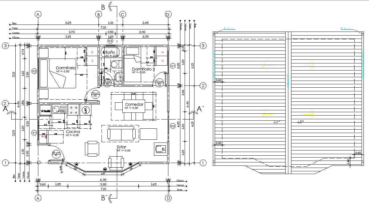Ground floor and roof plan autocad file