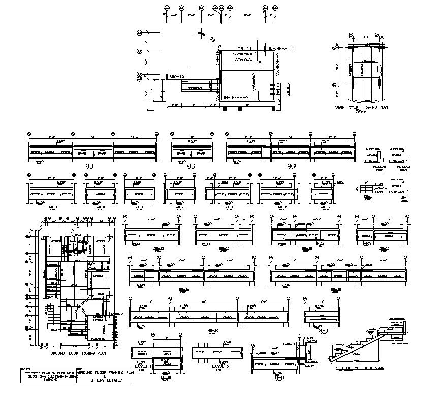 Ground floor framing plan and other constructive detail CAD structure layout autocad file