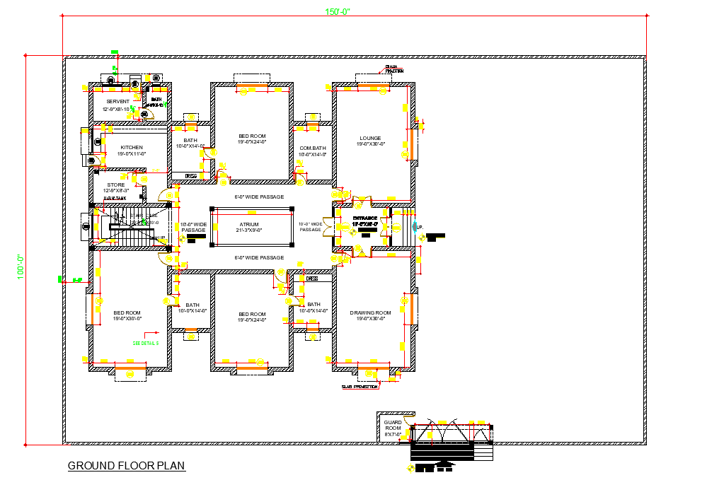 Ground floor house plan detail dwg file