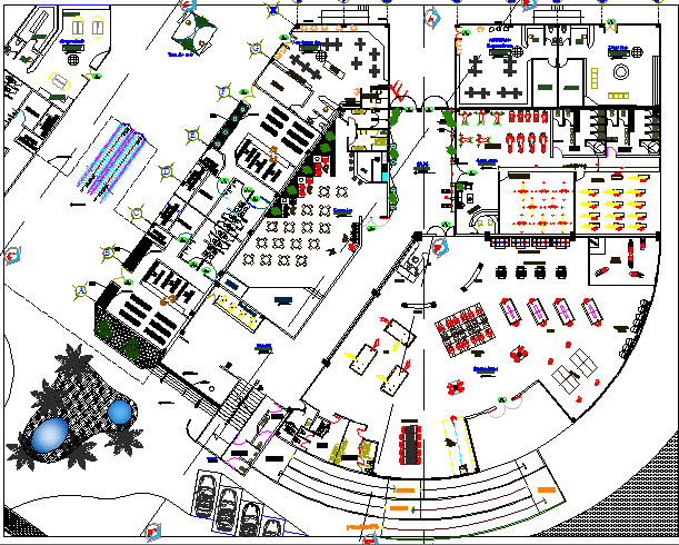 Ground floor layout plan details of mini shopping mall dwg file