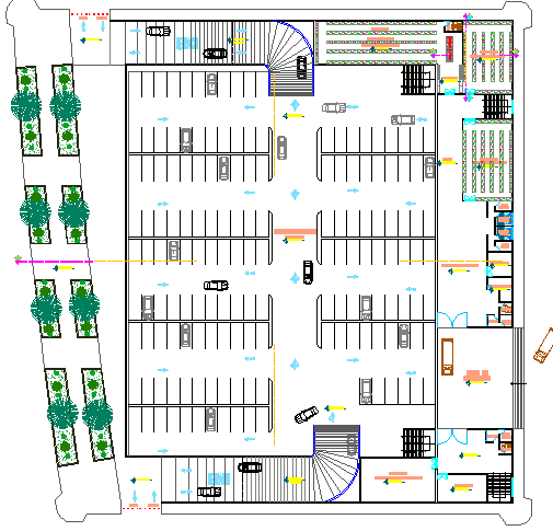 Ground floor layout plan with landscaping of super market dwg file