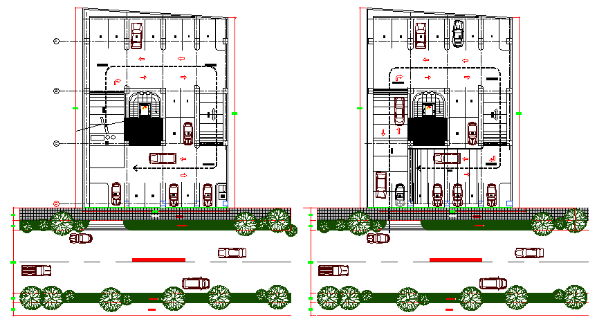 Ground floor layout with landscaping of office building dwg file