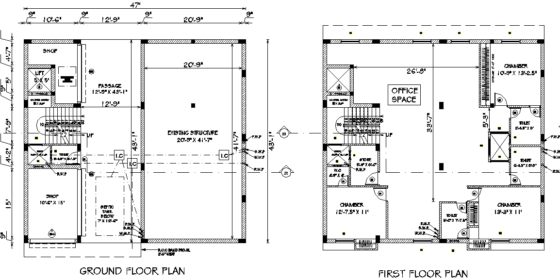 Ground floor plan and first floor plan detail dwg file