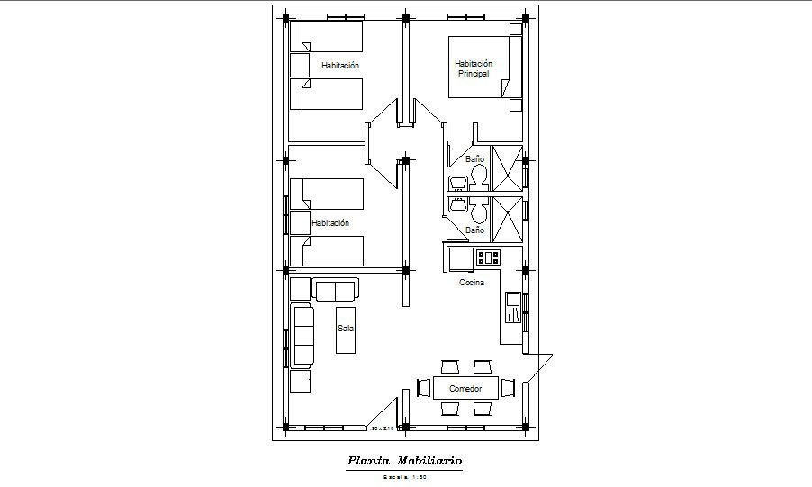 Ground floor plan details of three bedroom house dwg file