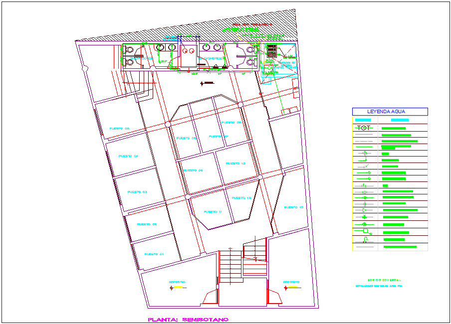 Ground floor plan of commercial building cold water line view with its legend dwg file