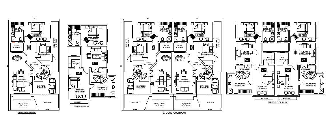 Ground floor plan of house 30' x 55' with furniture details in dwg file