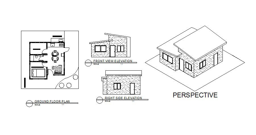 Ground floor plan of house design with elevation in dwg file