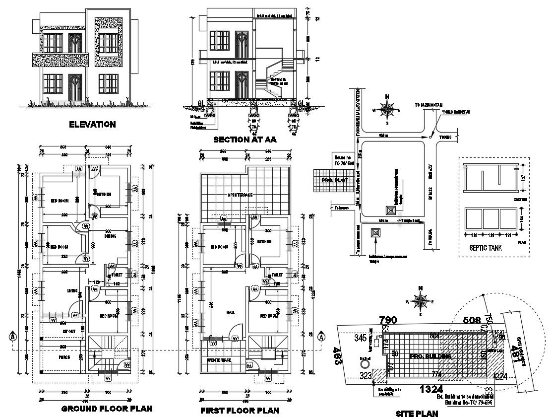 Ground floor plan of house with a site plan in AutoCAD