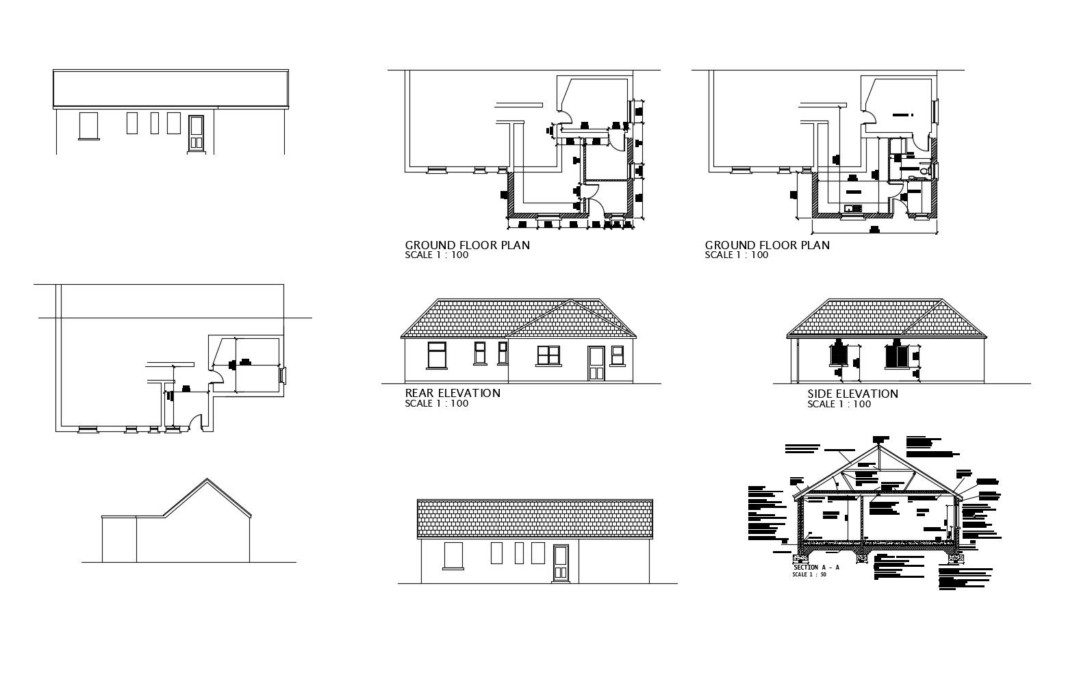 Ground floor plan of house with elevation and section in AutoCAD