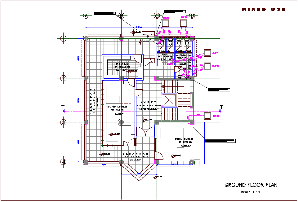 Ground floor plan of mixed use high rise building dwg file
