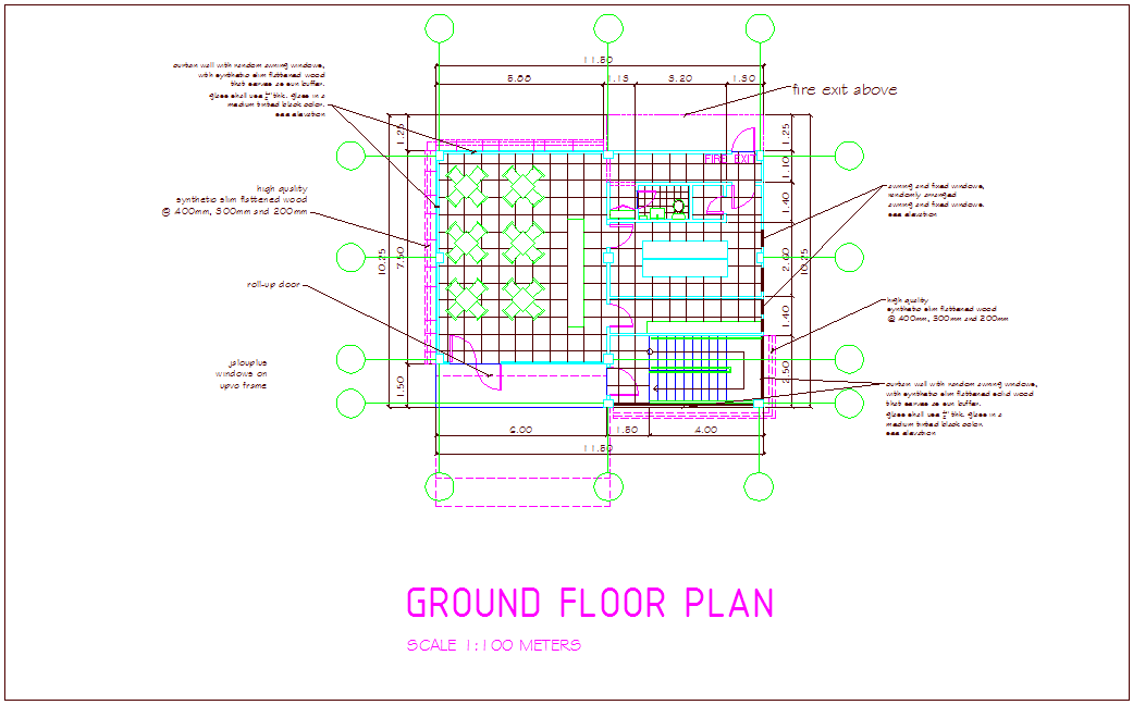 Ground floor plan of office building with architectural view dwg file