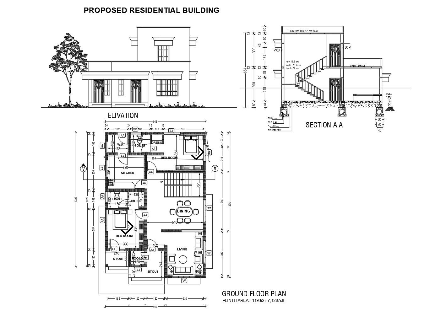 Ground floor plan of residential house 9.18mtr x 13.26mtr with elevation in dwg file