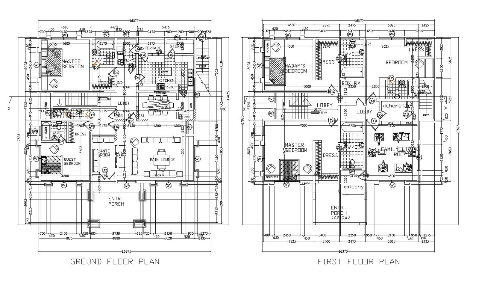 Ground floor plan of the house with 16.375mtr x 17.825mtr with detail dimension in dwg file