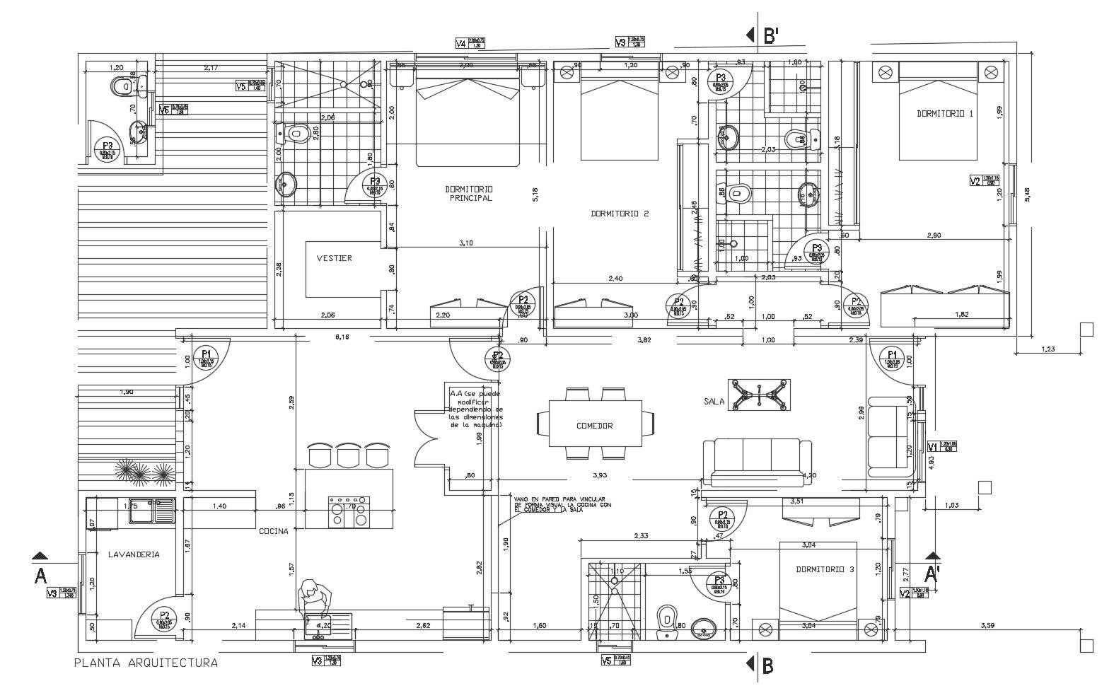 Ground floor plan of the house with detail dimension in dwg file