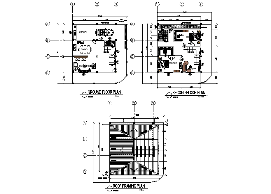 Ground floor plan to roof framing house plan detail dwg file
