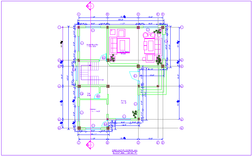 Ground floor plan with residence of house dwg file