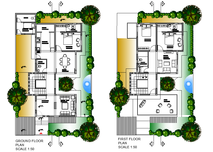 Ground floor to first floor house plan detail dwg file