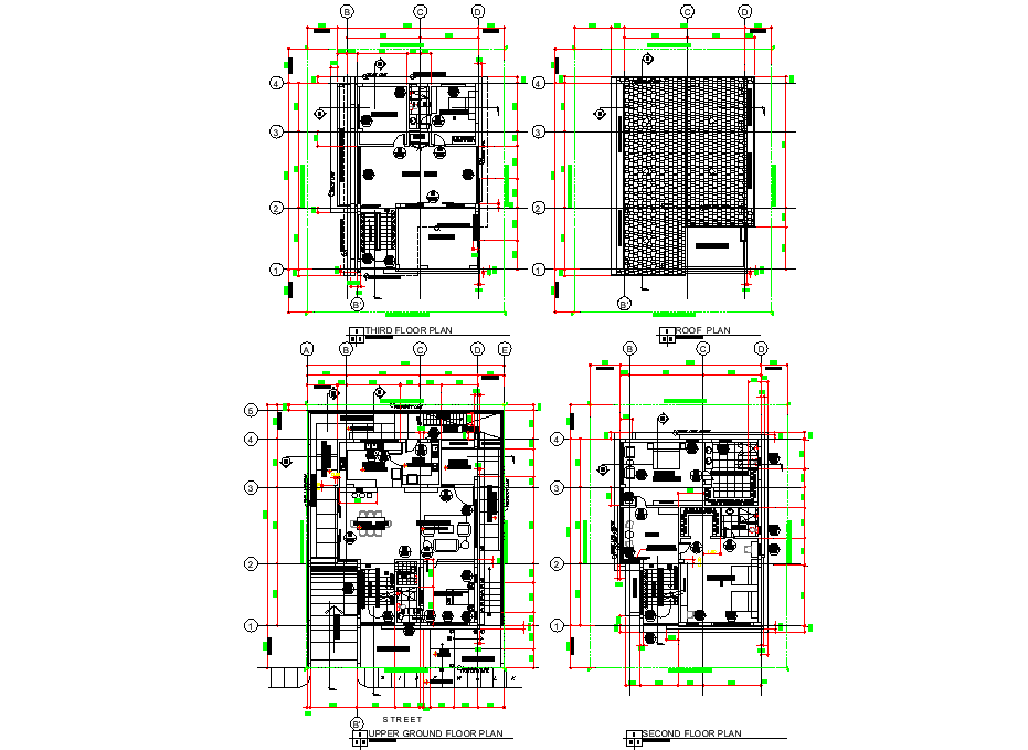 Ground floor to roof floor house plan detail dwg file