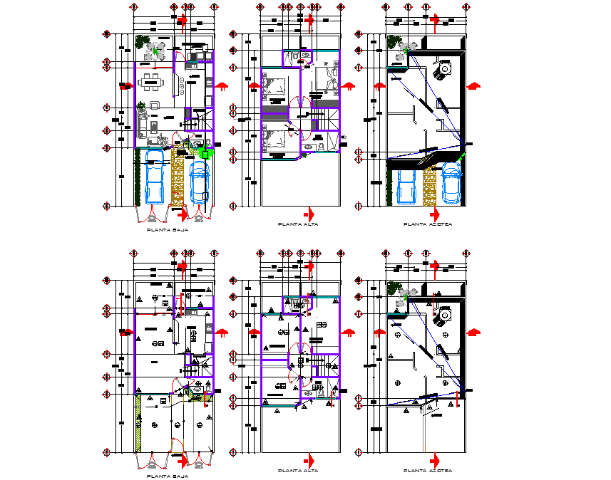 Ground floor to roof floor house plan detail dwg file