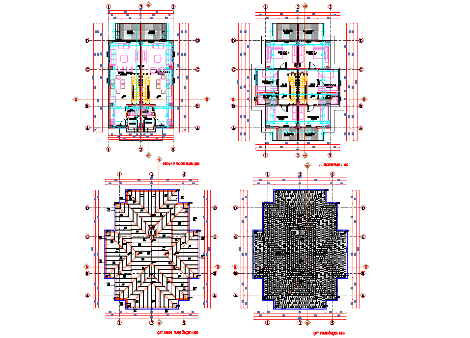 Ground floor to roof plan twin villa dwg file