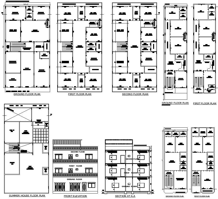 Residential DWG plan of ground to second floor layout
