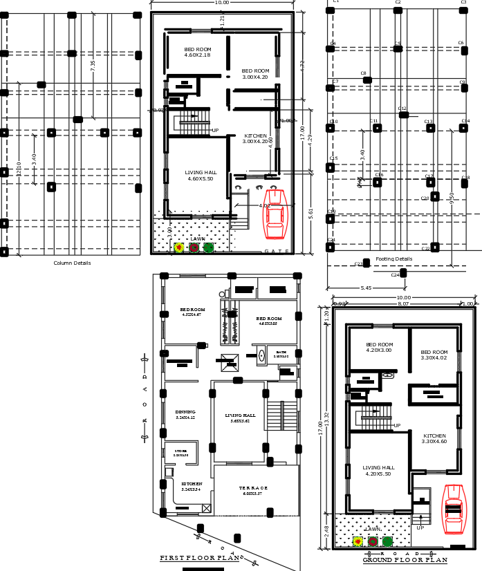 Ground plus 1 Floor Plan with Column Footing in DWG File