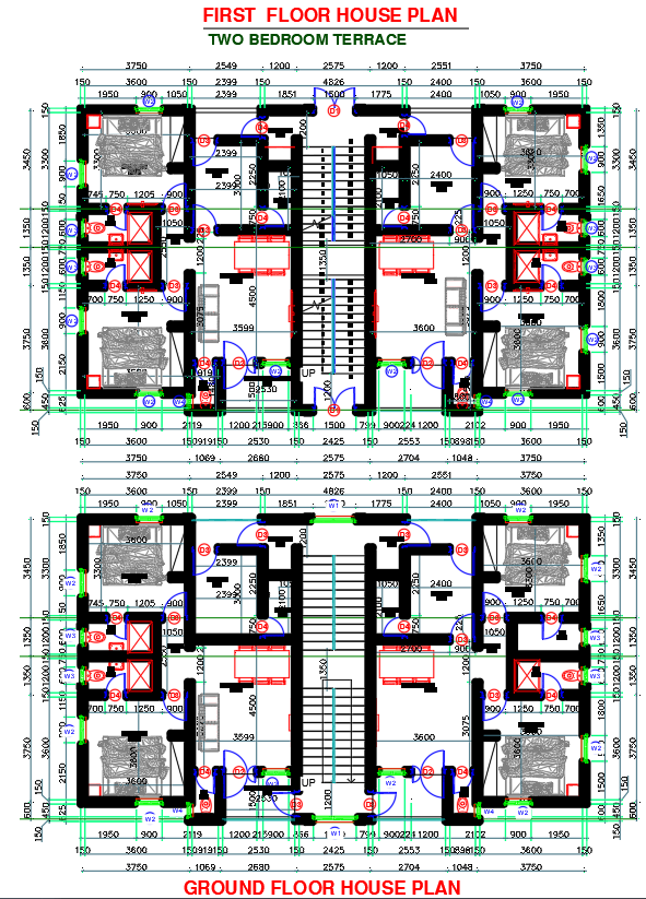 2 Bedroom terrace house plan with floor layouts of CAD File