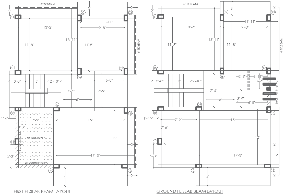 Ground & First-Floor Slab Beam Layout Plan AutoCAD DWG File 