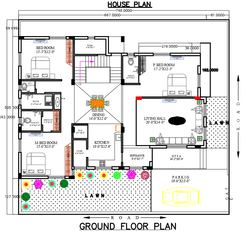 Modern Ground Floor Home Plan with Lawn and Parking DWG File
