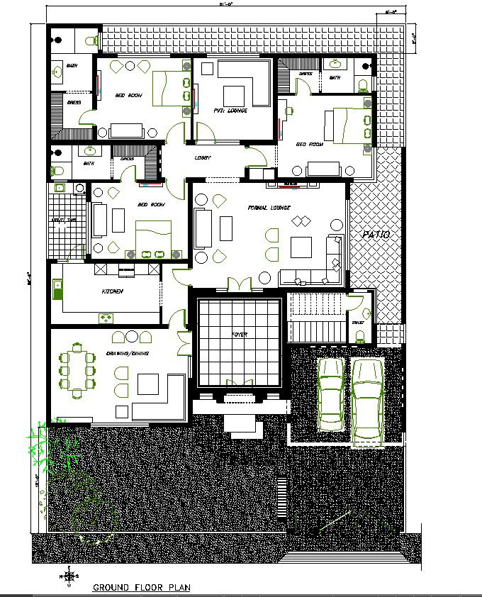 Ground Floor Layout in DWG File for Residential Design