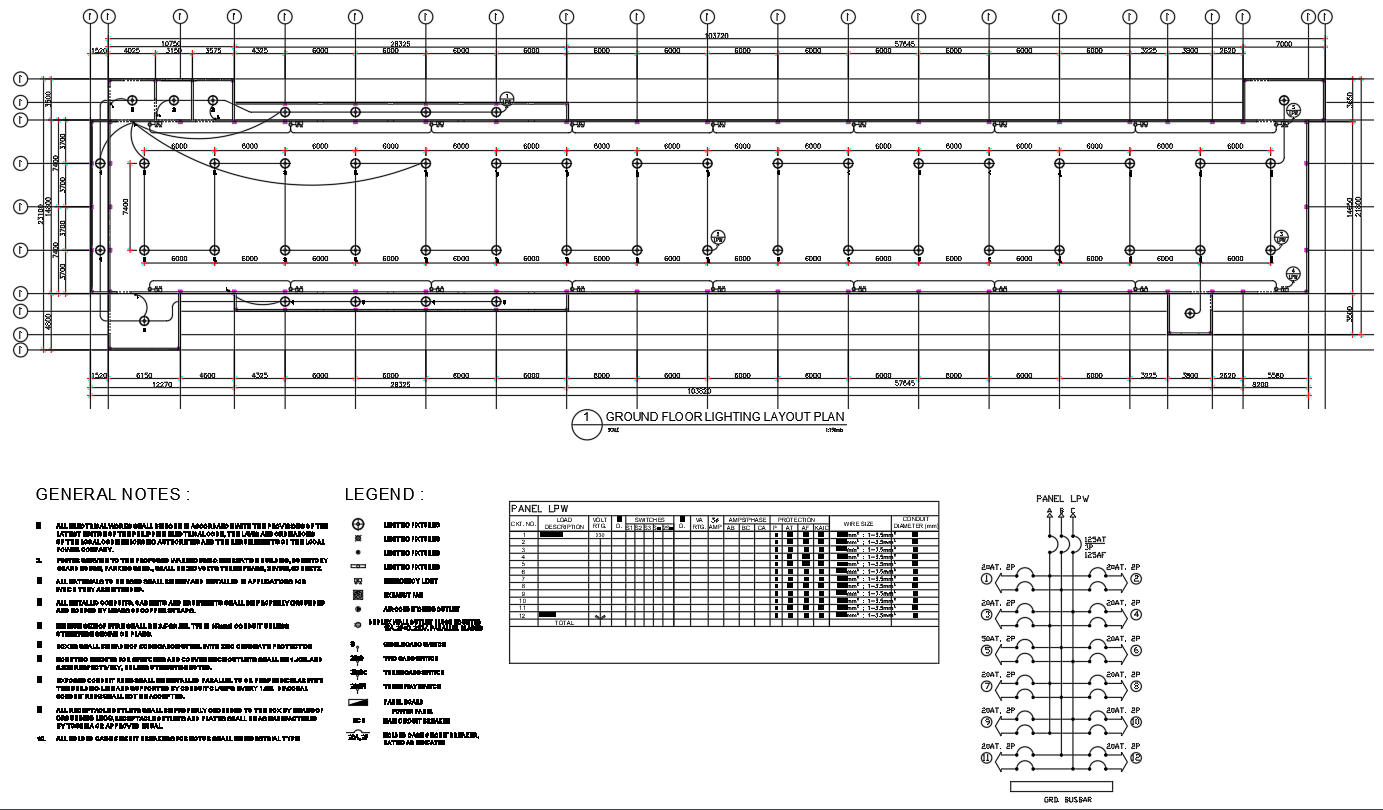 Ground Floor Lighting Layout Plan with Dimensions and Panel Detail dwg file