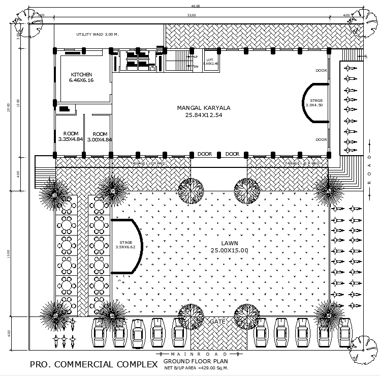 Ground floor marriage hall layout with seating and facilities DWG File