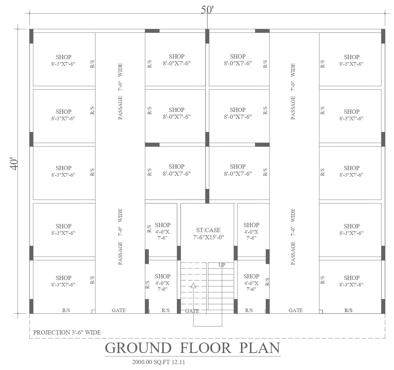 Ground Floor Plan Details for 2000 sq. ft. Commercial Building in DWG File
