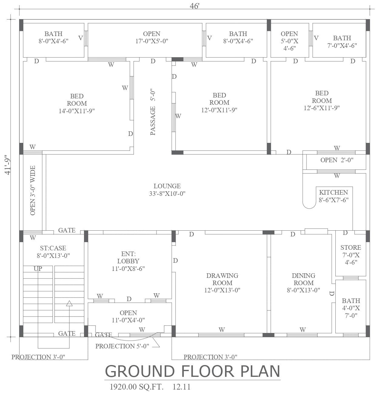 Ground Floor Plan for 1920 sq. ft. Residential Building In AutoCAD File