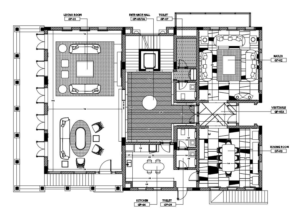 Two Story Ground Floor Plan in AutoCAD CAD Drawing