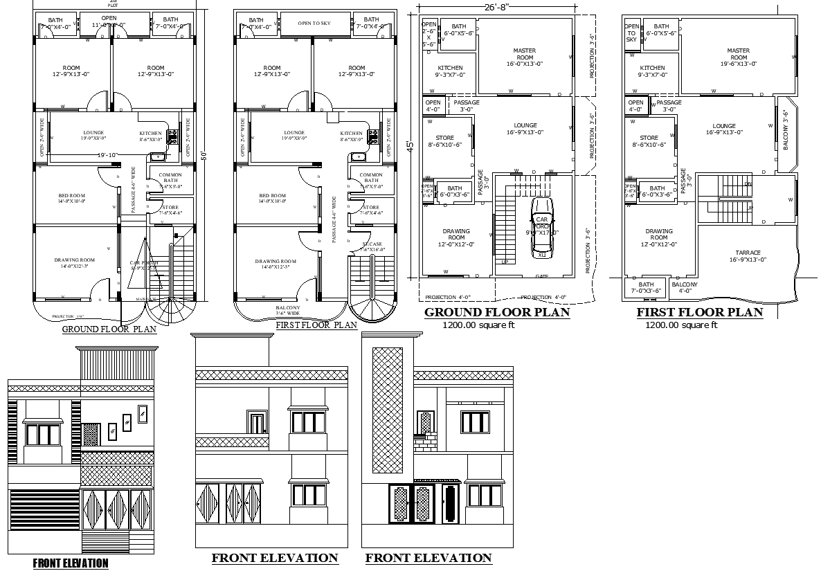 AutoCAD House Plan with Two Floors and Front Elevation